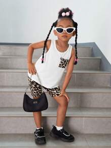 SHEIN Cô Gái Trẻ In hoa Báo Đã vá Túi Áo ba lỗ & Quần short đi xe - trắng - Xem 1