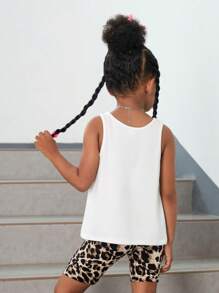 SHEIN Cô Gái Trẻ In hoa Báo Đã vá Túi Áo ba lỗ & Quần short đi xe - trắng - Xem 2