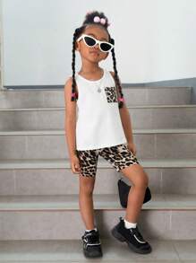 SHEIN Cô Gái Trẻ In hoa Báo Đã vá Túi Áo ba lỗ & Quần short đi xe - trắng - Xem 5