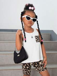 SHEIN Cô Gái Trẻ In hoa Báo Đã vá Túi Áo ba lỗ & Quần short đi xe - trắng - Xem 6