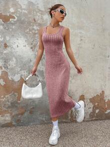 SHEIN EZwear Vestido tank unicolor tejido de canalé - Rosa vieja - Ver 1