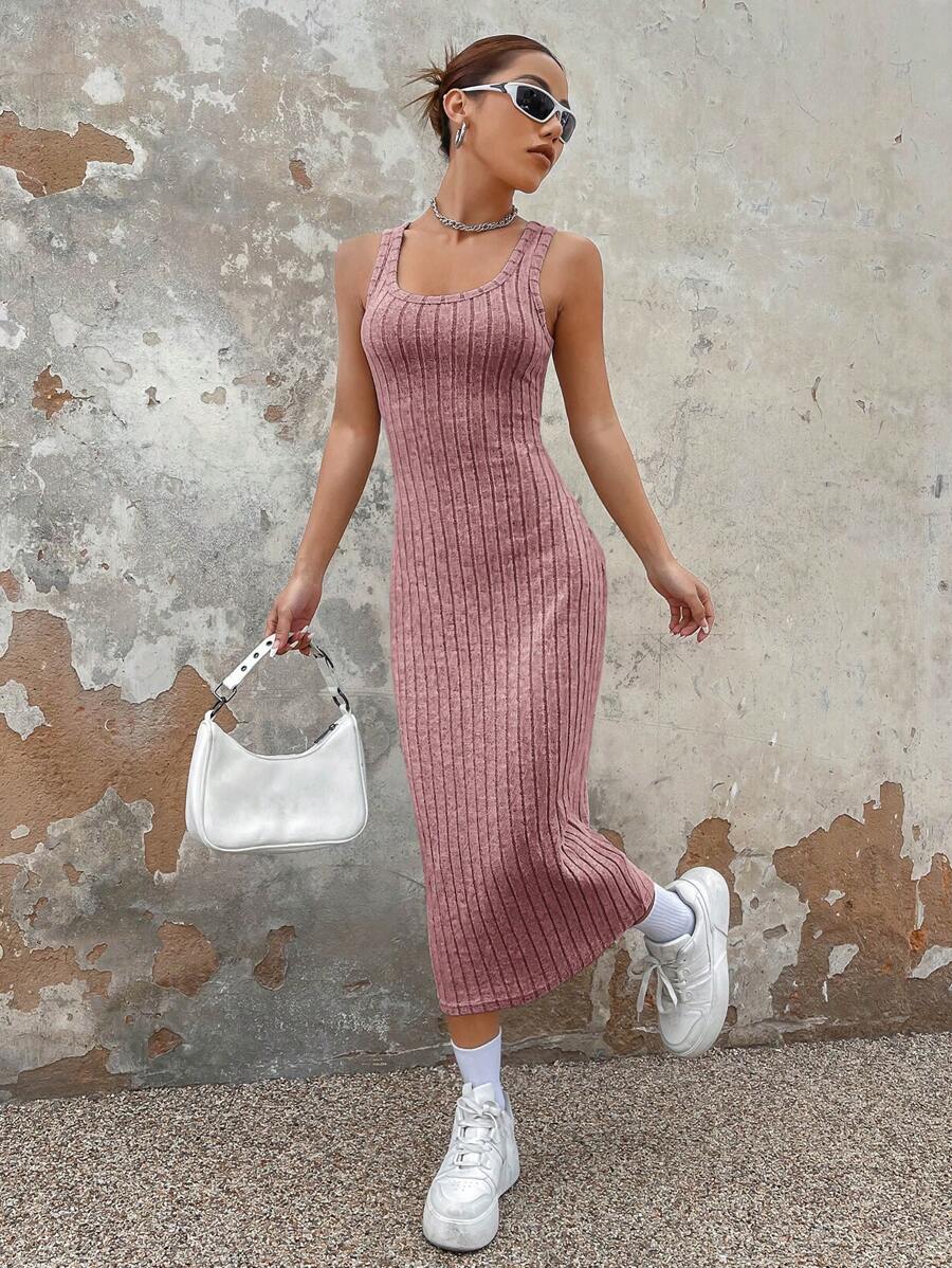 SHEIN EZwear Vestido tank unicolor tejido de canalé - Rosa vieja - Ver 1