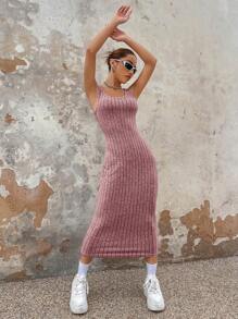 SHEIN EZwear Vestido tank unicolor tejido de canalé - Rosa vieja - Ver 3