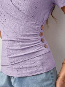 SHEIN Frenchy 網眼刺繡側邊紐扣褶邊T恤 - 紫丁香色 - 查看 2