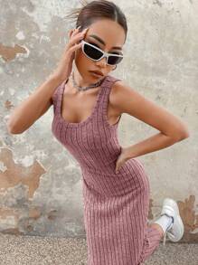 SHEIN EZwear Vestido tank unicolor tejido de canalé - Rosa vieja - Ver 6
