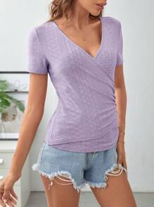 SHEIN Frenchy 網眼刺繡側邊紐扣褶邊T恤 - 紫丁香色 - 查看 5