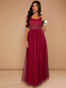 SHEIN Belle Burgundy Red Solid Mesh Overlay Maxi Bridesmaid Dress - Burgundy - View 1