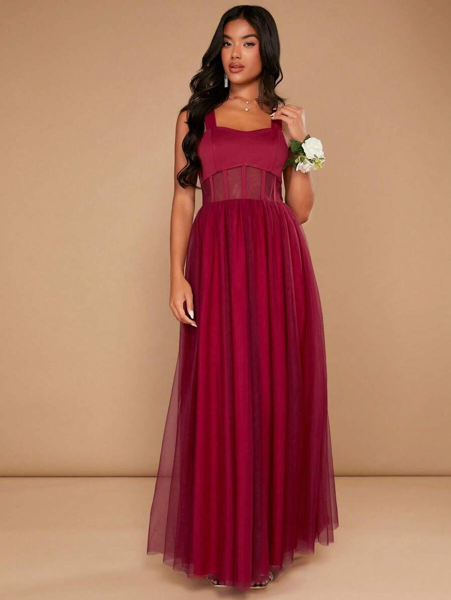 SHEIN Belle Burgundy Red Solid Mesh Overlay Maxi Bridesmaid Dress - Burgundy - View 1