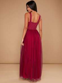 SHEIN Belle Burgundy Red Solid Mesh Overlay Maxi Bridesmaid Dress - Burgundy - View 2