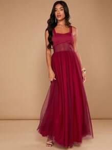 SHEIN Belle Burgundy Red Solid Mesh Overlay Maxi Bridesmaid Dress - Burgundy - View 3