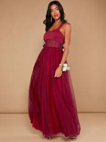 SHEIN Belle Burgundy Red Solid Mesh Overlay Maxi Bridesmaid Dress - Burgundy - View 4