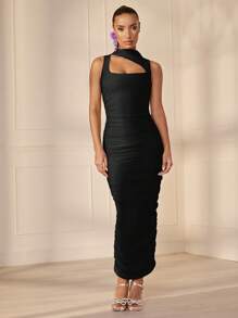SHEIN BAE 前鏤空褶邊緊身連衣裙 - 黑色 - 查看 3