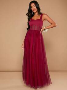 SHEIN Belle Burgundy Red Solid Mesh Overlay Maxi Bridesmaid Dress - Burgundy - View 6