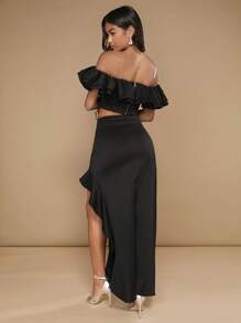 SHEIN Belle Off Shoulder Viền Ruffle Top Cây trồng & Tách Xù Hoa Sen Váy - màu đen - Xem 2