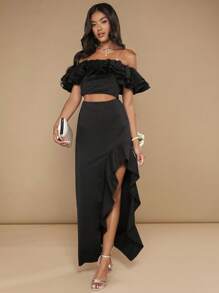 SHEIN Belle Off Shoulder Viền Ruffle Top Cây trồng & Tách Xù Hoa Sen Váy - màu đen - Xem 4