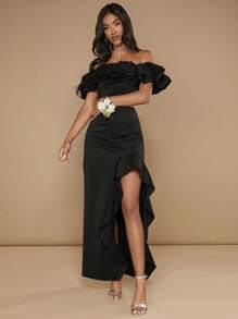 SHEIN Belle Off Shoulder Viền Ruffle Top Cây trồng & Tách Xù Hoa Sen Váy - màu đen - Xem 5