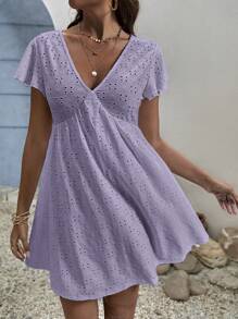 SHEIN Frenchy 網眼刺繡蝴蝶袖娃娃裙 - 紫丁香色 - 查看 3