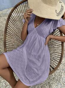 SHEIN Frenchy 網眼刺繡蝴蝶袖娃娃裙 - 紫丁香色 - 查看 4