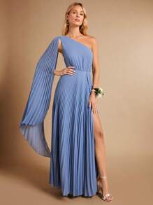 SHEIN Belle 單肩高衩百褶伴娘連衣裙