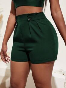 SHEIN SXY 紐扣細節褶皺細節短褲 - 墨綠色 - 查看 4