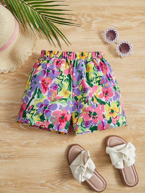 SHEIN Leap Crew Young Girl Casual Woven Printed Shorts