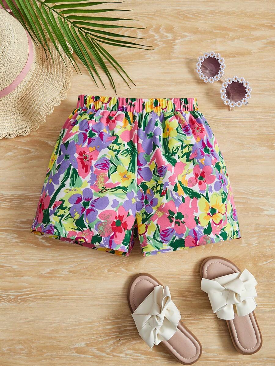 SHEIN Leap Crew Young Girl Casual Woven Printed Shorts - Purple - View 1