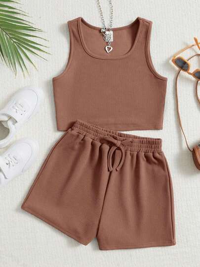 SHEIN 女大童素色背心上衣&腰部抽繩短褲