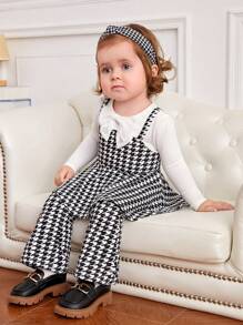 SHEIN 女嬰千鳥格印花前蝴蝶結荷葉邊下擺假兩件上衣和喇叭褲 - 黑與白 - 查看 5