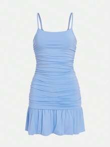 SHEIN Teen Girl Ruched Ruffle Hem Cami Dress - Baby Blue - View 1