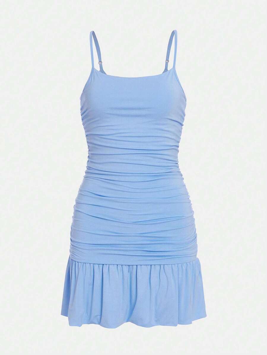 SHEIN Teen Girl Ruched Ruffle Hem Cami Dress - Baby Blue - View 1
