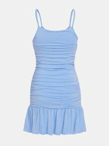 SHEIN Teen Girl Ruched Ruffle Hem Cami Dress - Baby Blue - View 2