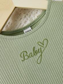 SHEIN 女小童字母刺繡木耳邊條紋針織洋裝 - 薄荷綠 - 查看 4