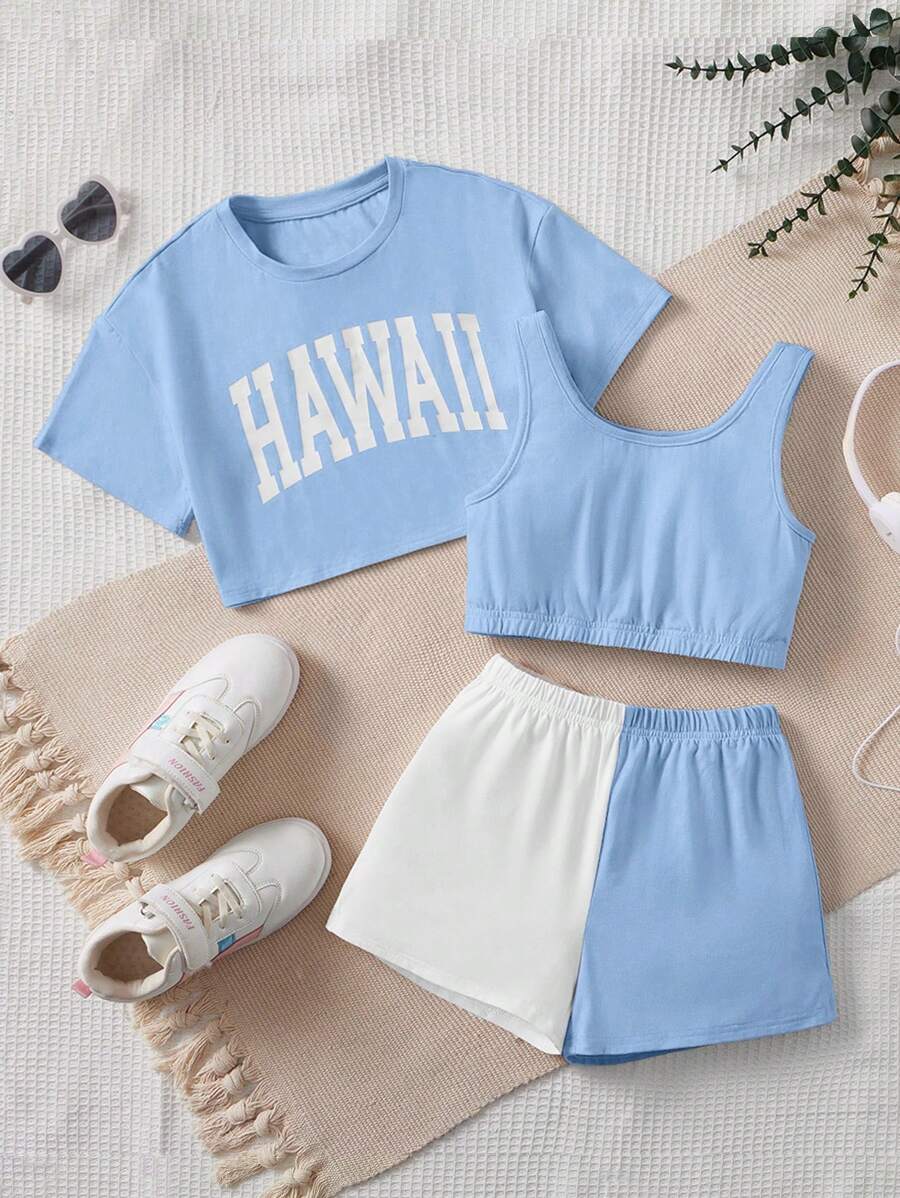 SHEIN Leap Crew 女大童字母圖案短款T恤&背心上衣&雙色短褲