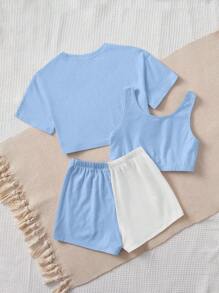 SHEIN Leap Crew 女大童字母圖案短款T恤&背心上衣&雙色短褲 - 藍白色 - 查看 3