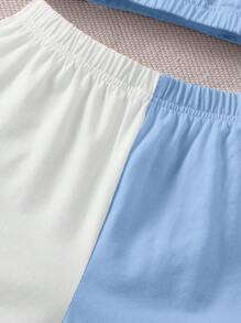 SHEIN Leap Crew 女大童字母圖案短款T恤&背心上衣&雙色短褲 - 藍白色 - 查看 5