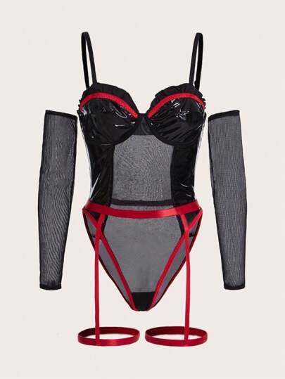 Goth Contrast Mesh Underwire Garter Teddy Bodysuit & 1pair Oversleeves