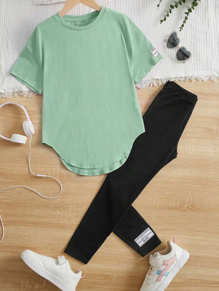 SHEIN Cô gái Tween Slogan Chi tiết được vá Áo thun Thả vai & Xà cạp - Màu xanh Bạc hà - Xem 1