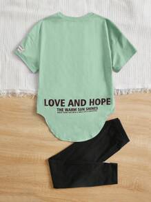 SHEIN Cô gái Tween Slogan Chi tiết được vá Áo thun Thả vai & Xà cạp - Màu xanh Bạc hà - Xem 2