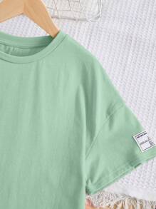 SHEIN Cô gái Tween Slogan Chi tiết được vá Áo thun Thả vai & Xà cạp - Màu xanh Bạc hà - Xem 4