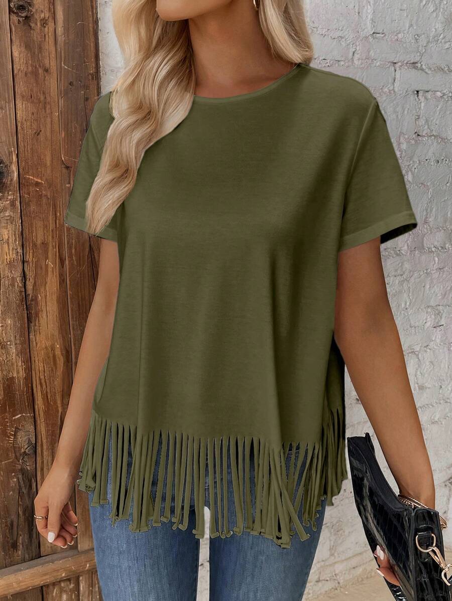 SHEIN LUNE 素色流蘇下擺T恤 - 軍綠色 - 查看 1