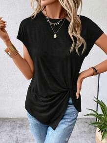 SHEIN LUNE 前扭結蝙蝠袖不對稱下擺T恤 - 黑色 - 查看 1