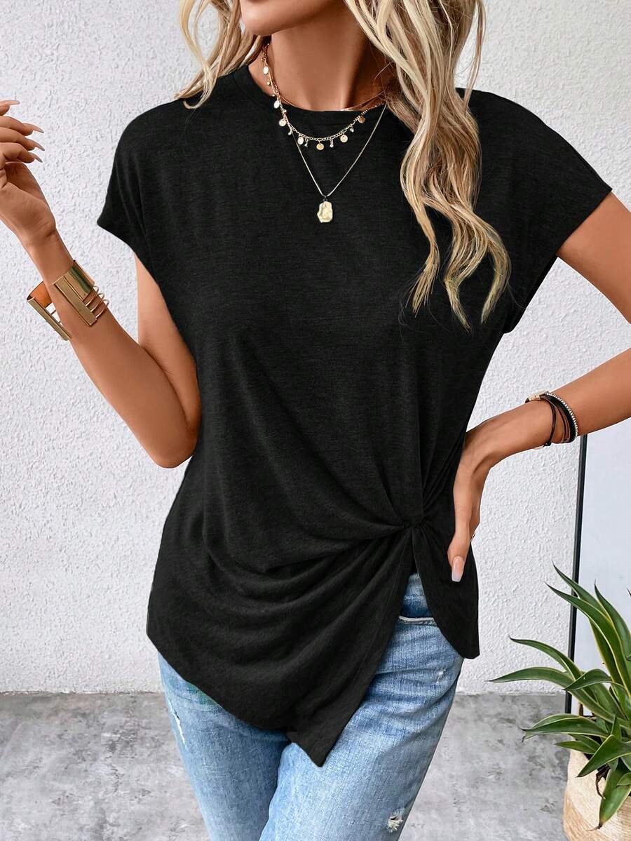 SHEIN LUNE 前扭結蝙蝠袖不對稱下擺T恤 - 黑色 - 查看 1