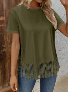 SHEIN LUNE 素色流蘇下擺T恤 - 軍綠色 - 查看 4