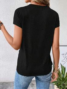 SHEIN LUNE 前扭結蝙蝠袖不對稱下擺T恤 - 黑色 - 查看 2