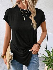 SHEIN LUNE 前扭結蝙蝠袖不對稱下擺T恤 - 黑色 - 查看 4