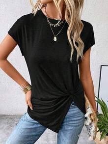 SHEIN LUNE 前扭結蝙蝠袖不對稱下擺T恤 - 黑色 - 查看 5