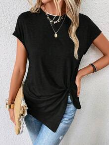 SHEIN LUNE 前扭結蝙蝠袖不對稱下擺T恤 - 黑色 - 查看 6