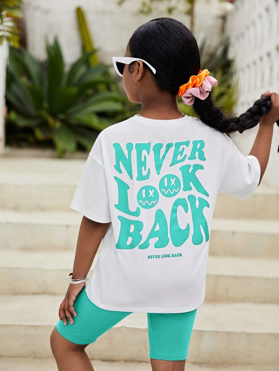 SHEIN Leap Crew 女大童標語&卡通臉圖案落肩T恤&騎行褲 - 薄荷藍 - 查看 1