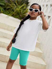 SHEIN Leap Crew 女大童標語&卡通臉圖案落肩T恤&騎行褲 - 薄荷藍 - 查看 2