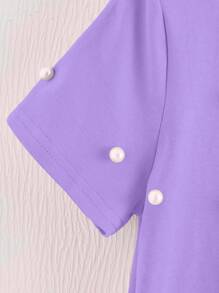 SHEIN 年轻女孩纯色休闲短袖珍珠串珠打结下摆 T 恤 - 紫色 - 查看 4